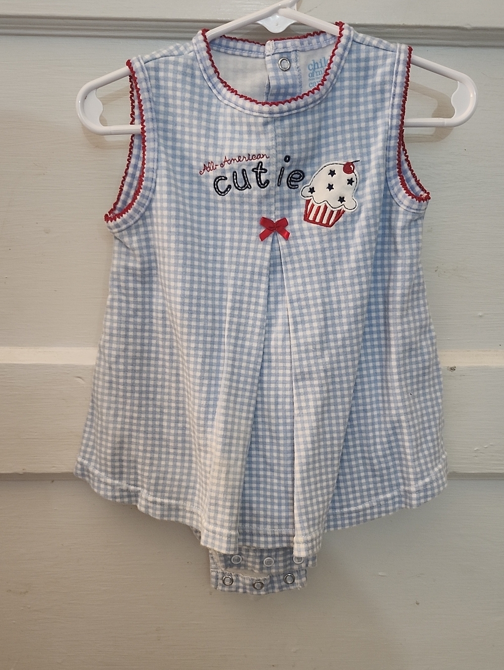 Blue Gingham Baby Dress Romper with Cupcake Applique